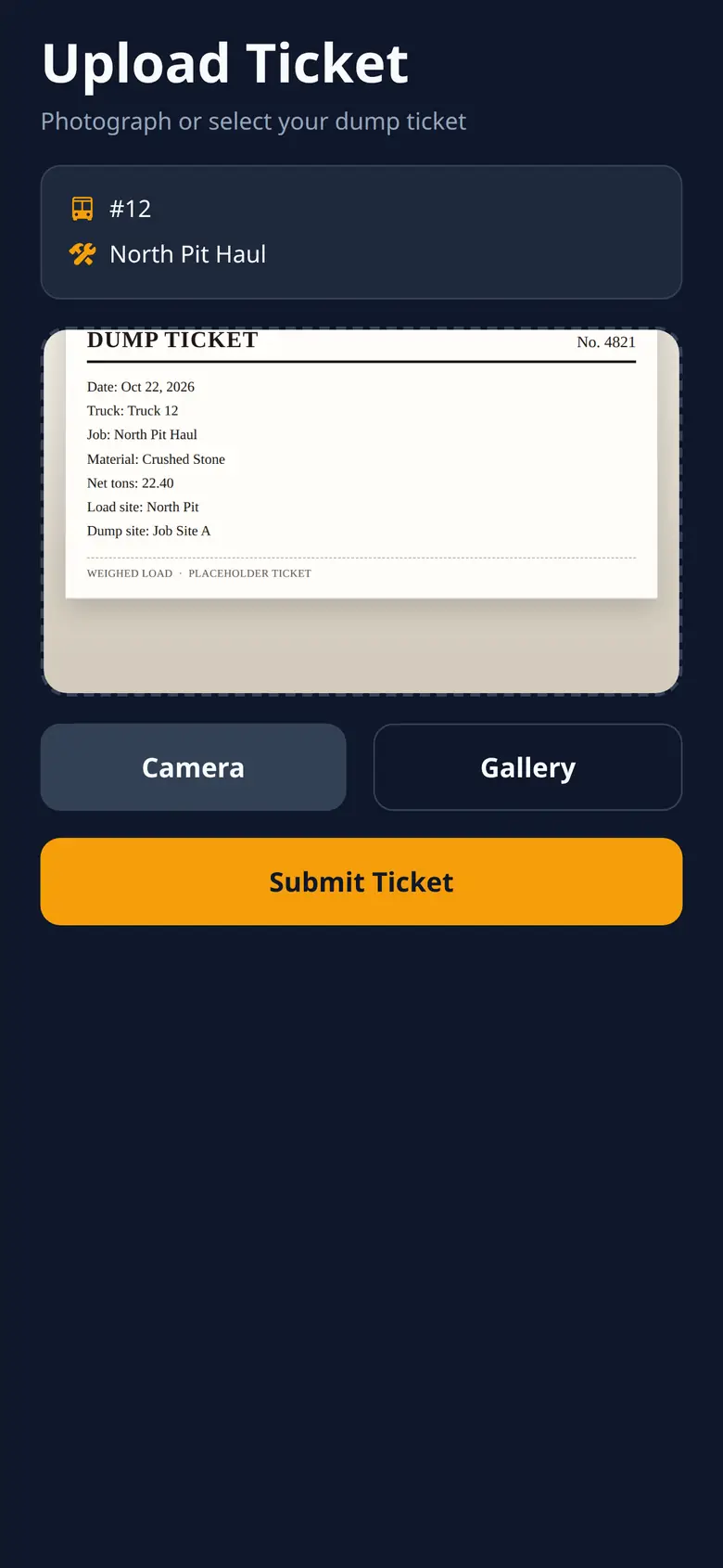 RouteRock dump truck ticket photo upload with a Submit Ticket button