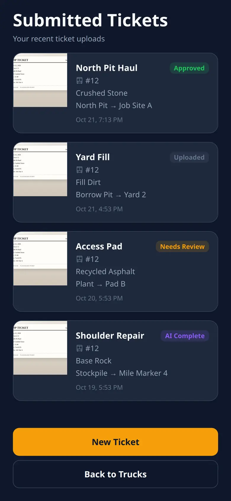 RouteRock submitted haul tickets list