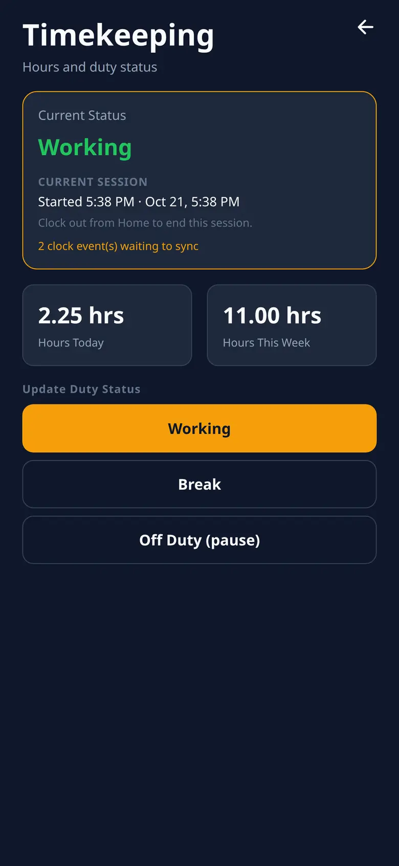 RouteRock offline queue with 2 clock events waiting to sync